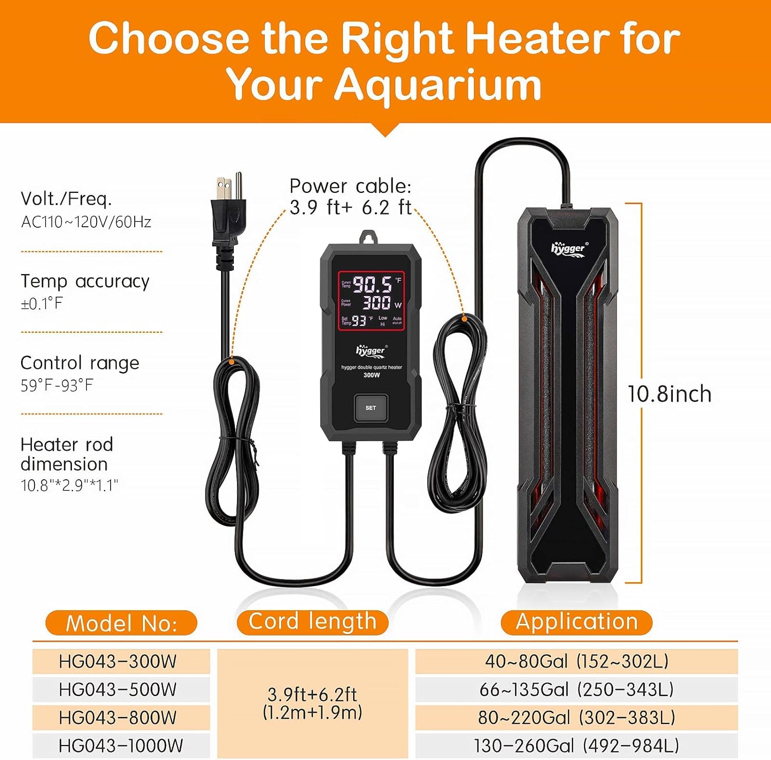 HYGGER HG113 Submersible Fish Tank Heater | External Temperature Controller | Uniform Heat Dissipation | Safety Features