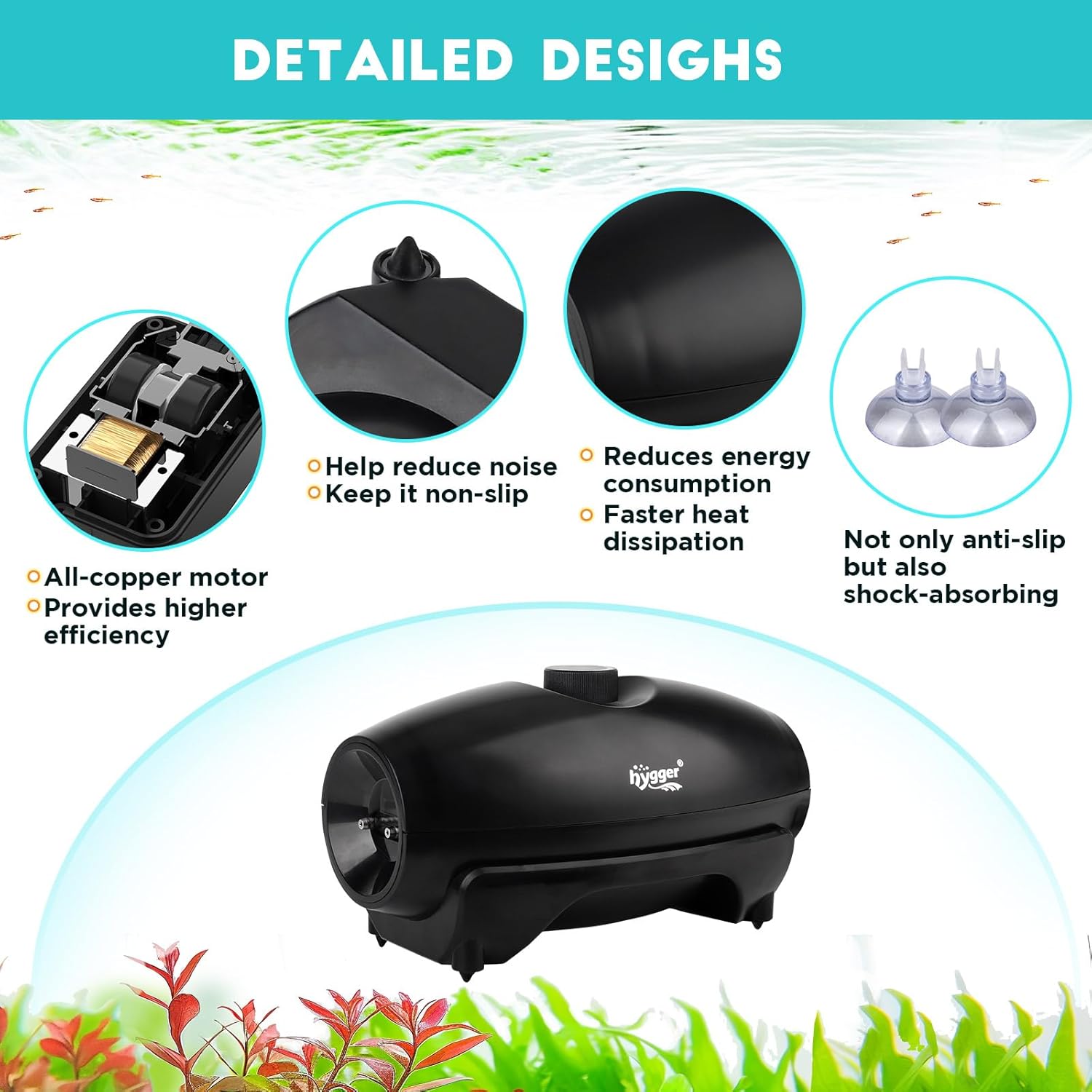 HYGGER HG133‑5W Dual Port Large Quiet Aquarium Air Pump | 530 L/H 20kph Pressure | Piston-Type Motor | Adjustable Flow