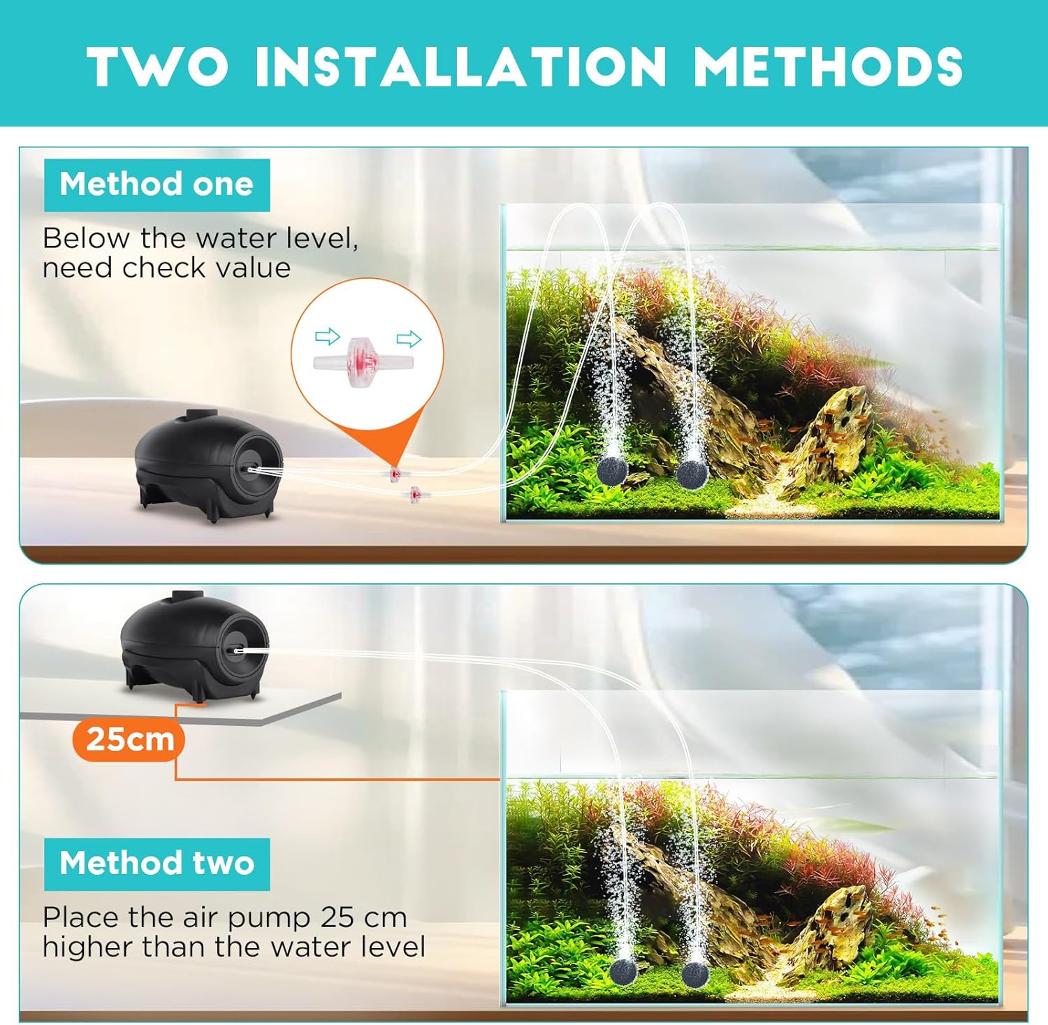 HYGGER HG133‑5W Dual Port Large Quiet Aquarium Air Pump | 530 L/H 20kph Pressure | Piston-Type Motor | Adjustable Flow