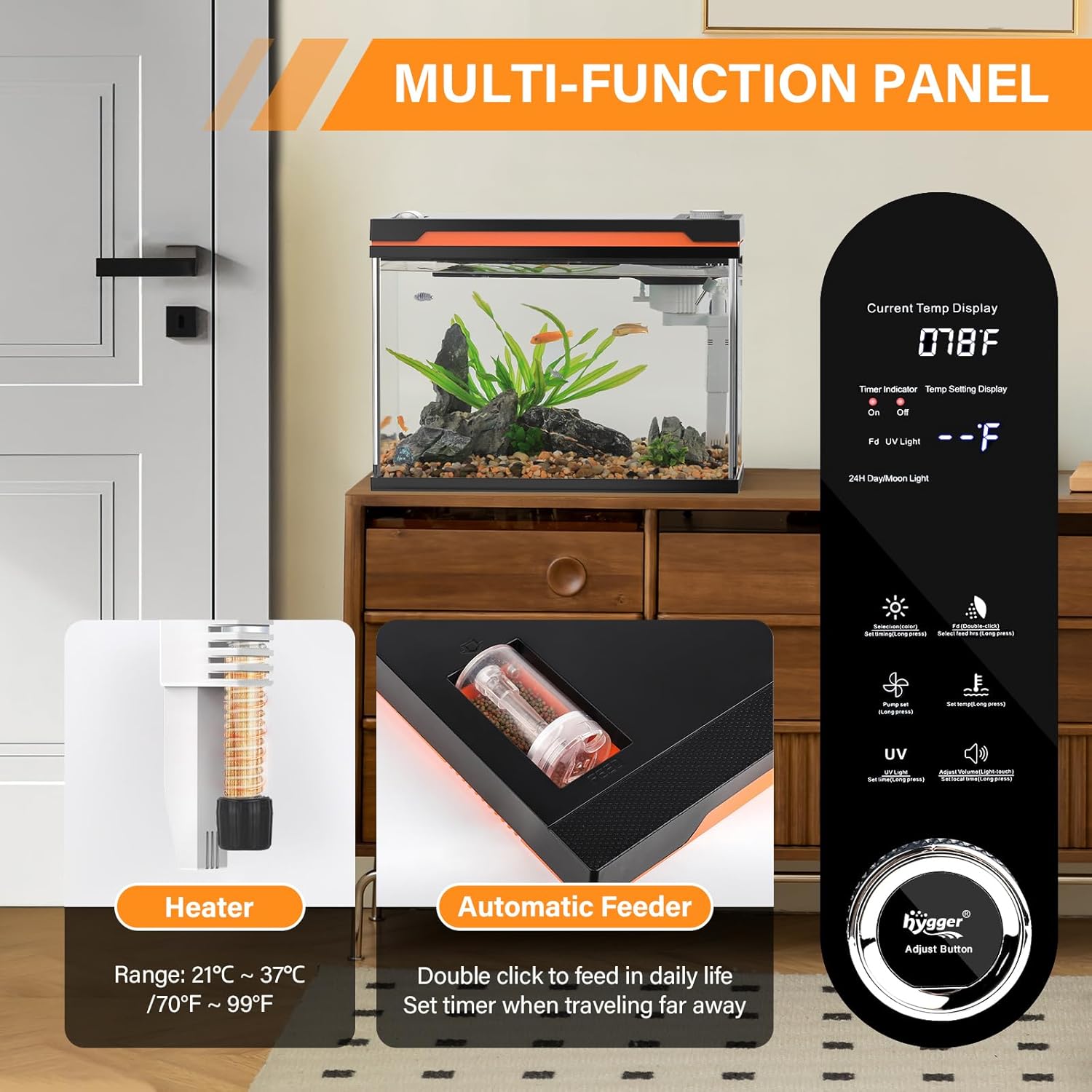 HYGGER HG146 36-Litre Fish Tank Kit | RGB LED Hood | Touch Panel | Feeder, Heater & 3-in-1 Filtration | Full Tool Kit