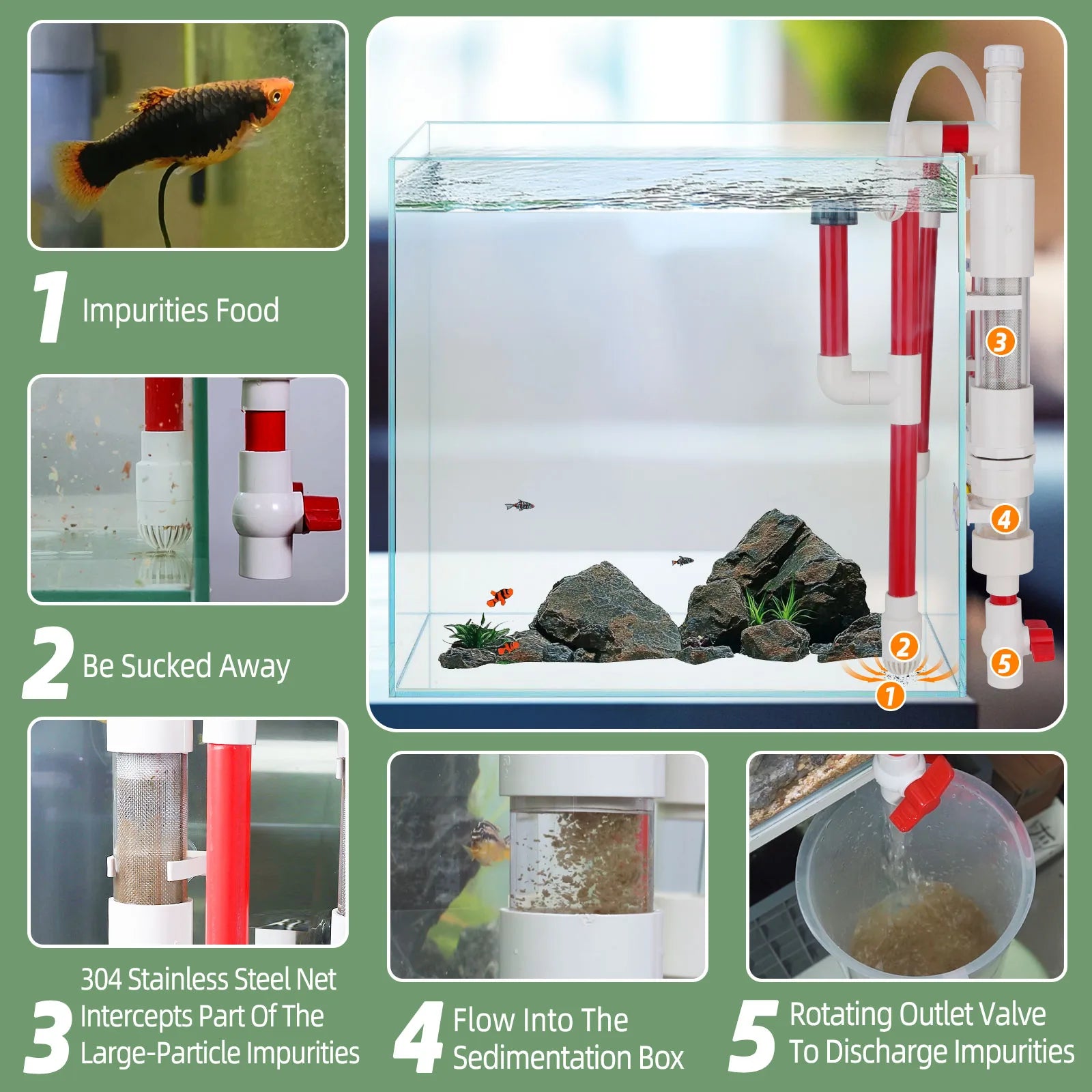HYGGER HG141 Double Chamber Fish Waste Collector | 304 Grade Stainless Steel Filter | Surface Skimmer | Toolkit Included