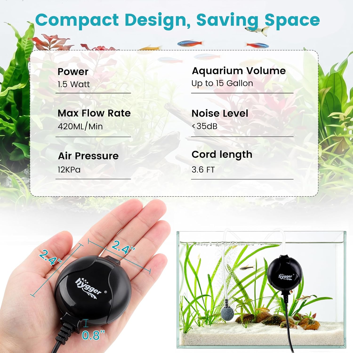 HYGGER HG811-BK Energy Saving Ultra-Quiet Mini Oxygen Pump | Includes Pipe & Air Stone | Complete Kit | 25 LPH