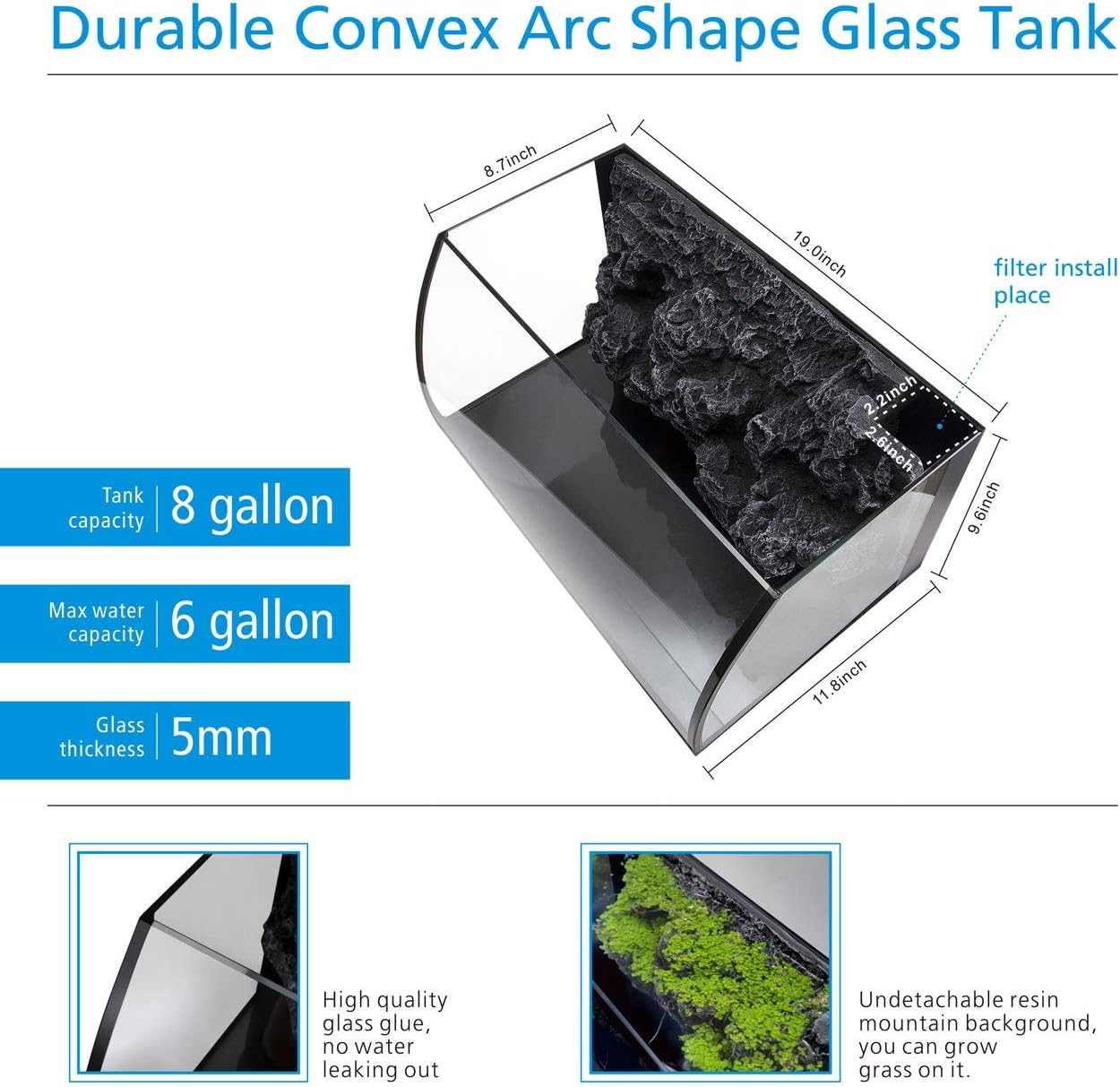 HYGGER HG906 LED Curved Glass Aquarium Kit | Built-in 3D Rockery Background | 3 Light Modes | Quiet Internal Filter