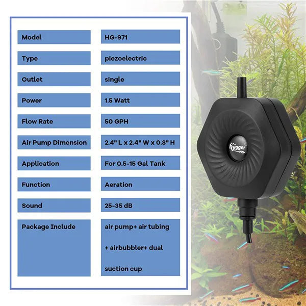 HYGGER HG971 Piezoelectric Mini Air Pump for Small Tanks | Ultra-Compact & Lightweight | Energy Efficient | Ultra-Silent