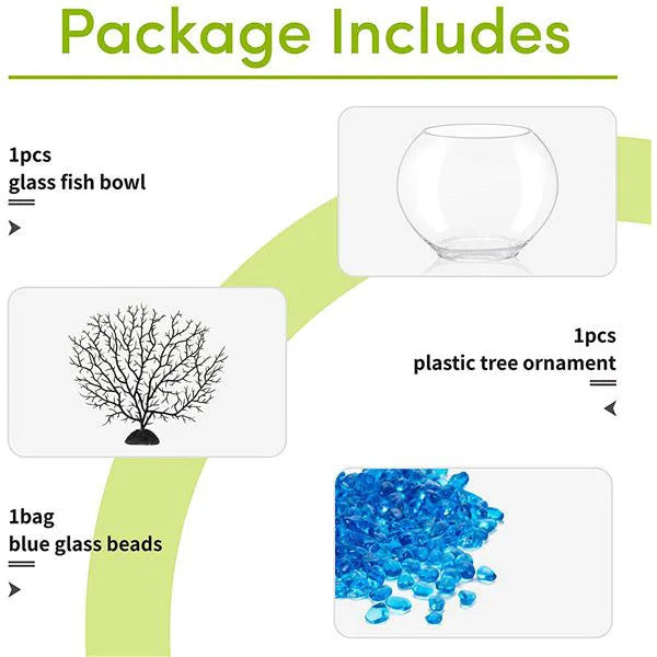 HYGGER HG975 Mini Glass Oblate Fish Bowl Kit | 5mm Glass | Blue Stones & Tree Decor | 3 Ltr Capacity | For Small Fishes