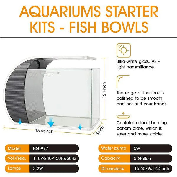 HYGGER HG977 19-Litre Fish Aquarium Starter Kit | Touch Control 3-in-1 LED | Built-in Filtration System | Media Included