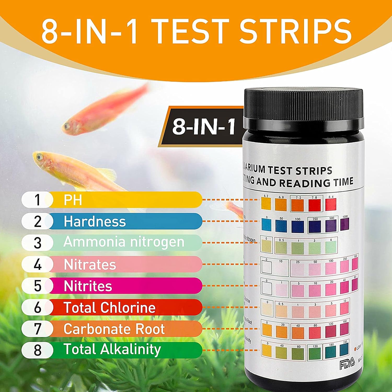 Microbe-lift Fish Protector (236ml) + Ammonia Remover (236ml) + Hygger (HG006-50) 8-in-1 Water Test Strips Combo-50Pcs.