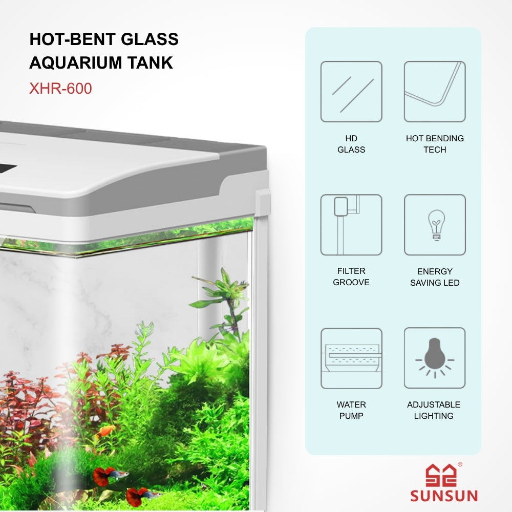 SUNSUN XHR-600 Hot-Bent Glass Aquarium Tank | 76 Ltr Capacity | Built-in Filtration | Adjustable Lighting & Brightness