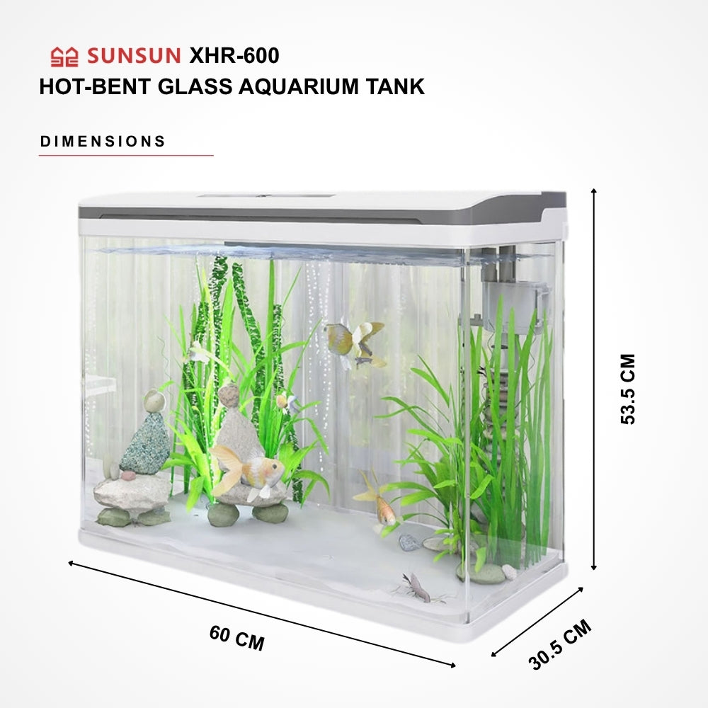 SUNSUN XHR-600 Hot-Bent Glass Aquarium Tank | 76 Ltr Capacity | Built-in Filtration | Adjustable Lighting & Brightness