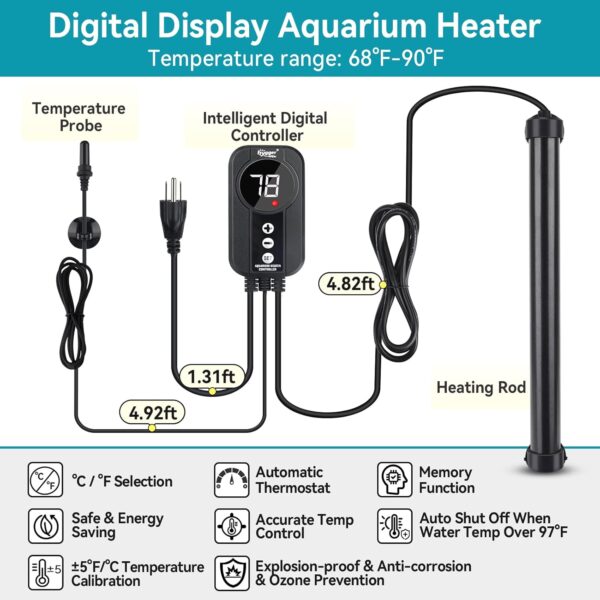 Hygger - HG085-500W, Titanium Heater with Digital LED Controller and Temperature Probe