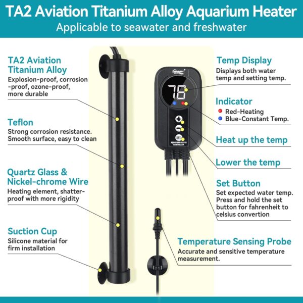 Hygger - HG085-500W, Titanium Heater with Digital LED Controller and Temperature Probe