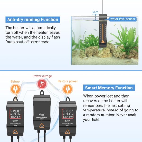 HYGGER - HG115-1200W, Large Adjustable Fish Tank Heater with Intelligent Automatic Power-Off System