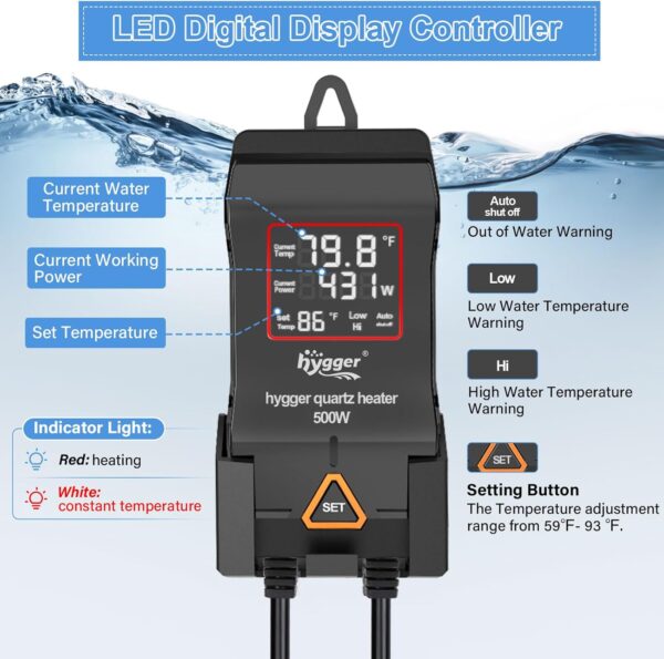 HYGGER - HG115-1200W, Large Adjustable Fish Tank Heater with Intelligent Automatic Power-Off System