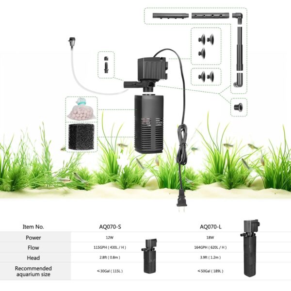 AQQA 4-in-1 Submersible Fish Tank Internal Filter – AQ070-12W