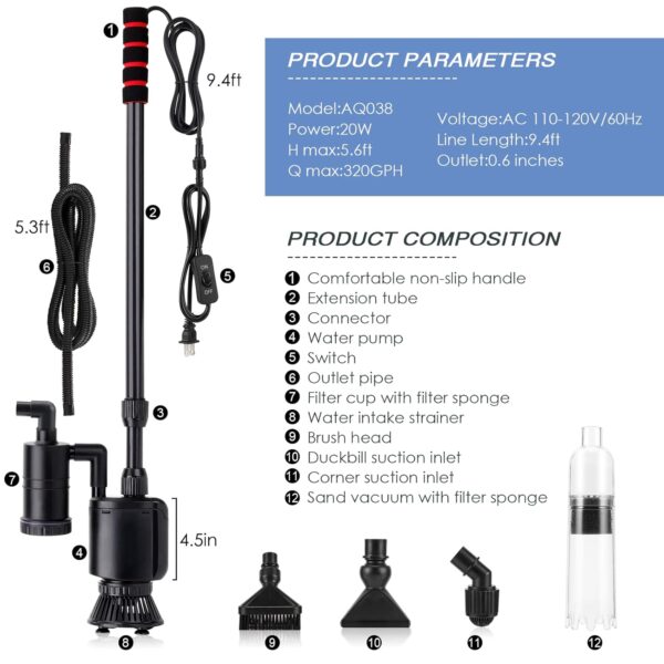 AQQA AQ-038 Aquarium Gravel Cleaner – 6-in-1 Electric Vacuum