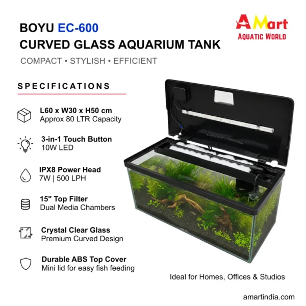 BOYU EC-600 Curved Glass Aquarium Tank with 3-in-1 LED, Top Filter and Powerhead